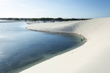 Beautiful view to blue rainwater lagoon and white sand dunes in Lenis Maranhenses, Maranho State, Brazil.