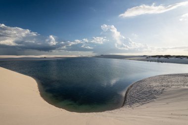Beautiful view to blue rainwater lagoon and white sand dunes in Lenis Maranhenses, Maranho State, Brazil.