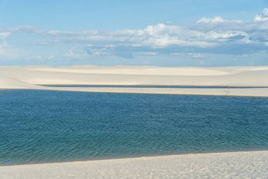 Beautiful view to blue rainwater lagoon and white sand dunes in Lenis Maranhenses, Maranho State, Brazil.