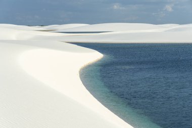 Beautiful view to blue rainwater lagoon and white sand dunes in Lenis Maranhenses, Maranho State, Brazil.