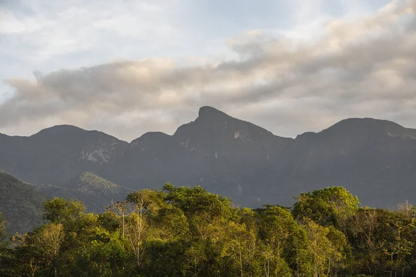 Gyönyörű Kilátás Naplementére Zöld Esőerdős Tavon Hegyeken Regua Rio Janeiro — Stock Fotó