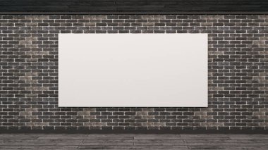 İskandinav tarzında bir tuğla duvar. Çerçevesi boş, boş, beyaz bir poster. 3d hazırlayıcı.