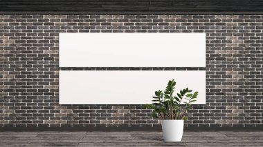 İskandinav tarzında çiçekli tuğla duvar. Çerçevesi boş, boş, beyaz bir poster. 3d hazırlayıcı.