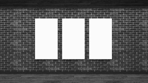 Parede de tijolo Mockup em estilo escandinavo. Cartaz branco em branco com moldura parede vazia mock-up. Renderização 3d. — Fotografia de Stock