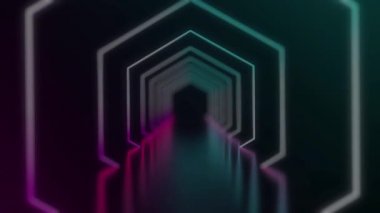 Soyut floresan neon ışıklı altıgen ışıltı hattı arka planı. 4K dikişsiz, mavi, kırmızı, parlak oda. Karanlık stüdyoda ilerleyen parlak pembe neon lambalar..