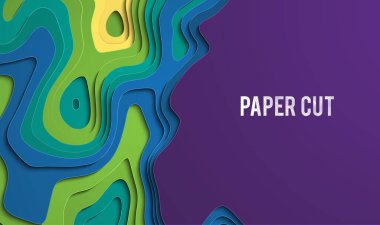 Kağıt kesiği, soyut geometrik arkaplan. Kağıt kesim tarzında grafiksel renk arkaplanı. Mor, mavi, yeşil, sarı renkler.