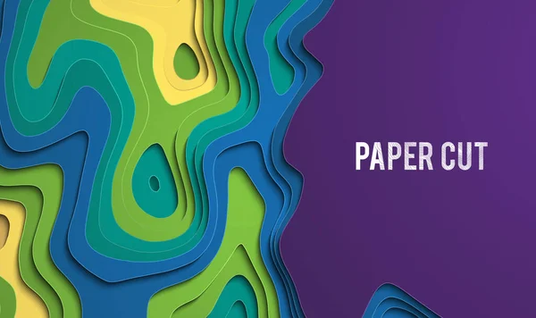 Pappersklipp papper abstrakt geometrisk bakgrund. Grafisk färg bakgrund i papper skära stil. Lila, blå, grön, gul färg. — Stock vektor