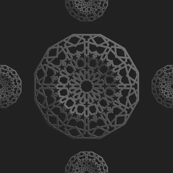Nahtloses islamisches Muster mit radialen Ornamenten im marokkanischen Stil. Mettalisches Muster auf dunklem Hintergrund. Abstrakter geometrischer Ornamentvektor. — Stockvektor