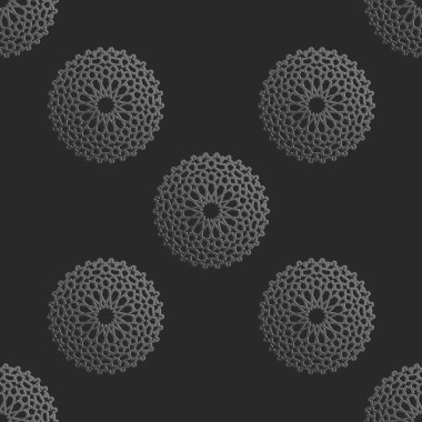 Fas tarzında radyal süslemeli kusursuz İslami desen. Koyu arkaplanda metal desen var. Soyut geometrik süs vektörü.