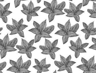 Çiçeksel vektör arka plan siyah beyaz. Tekstil tasarımı için doğrusal zambak çizgisi kusursuz desen. Vektörsüz siyah beyaz çiçek deseni.