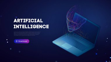 Ai dijital beyin. Yapay zeka kadın kafası. Bilgisayar için sanal asistan. İzometrik illüstrasyon