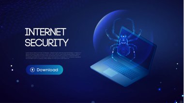 Siber güvenlik izometrik çizimi. Laptop izometrik ve virüs örümceği tespit edildi. Dijital teknoloji veri koruması.