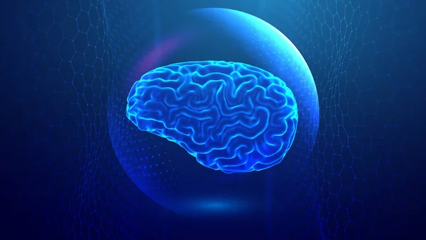 Poder cerebral ilustración tecnología azul. Análisis de datos de inteligencia artificial. renderizado 3d. Fondo de onda hexágono. —  Fotos de Stock