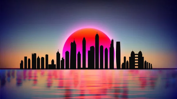 Vektor Sonnenuntergang Stadtsilhouette mit modernen Gebäuden Silhouette. Nacht Stadt rot mit Reflexion im Wasser und 10. rote dunkle Oberlichter im Frühling. Nachthimmel. — Stockvektor