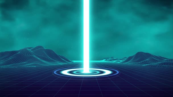 Hologram glans effect portaal animatie. Futuristische neon laserstraal naadloze lus 4k. Retro landschap met abstract portaal licht voor game design. — Stockvideo