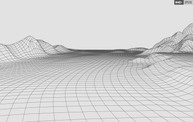 Beyaz arkaplandaki tel çerçeveli manzara. Soyut geometrik vektör teknolojisi arka planı. 3d vektör dijital arkaplan.