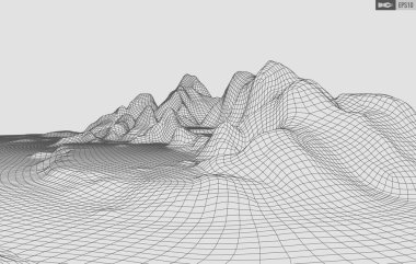Beyaz arkaplandaki tel çerçeveli manzara. Soyut geometrik vektör teknolojisi arka planı. 3d vektör dijital arkaplan.