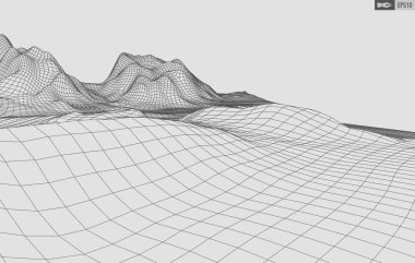 Beyaz arkaplandaki tel çerçeveli manzara. Soyut geometrik vektör teknolojisi arka planı. 3d vektör dijital arkaplan.