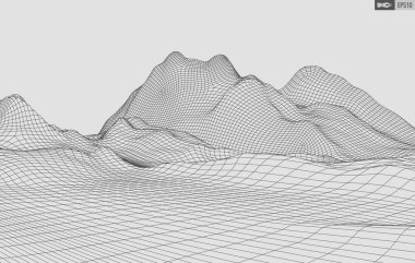 Beyaz arkaplandaki tel çerçeveli manzara. Soyut geometrik vektör teknolojisi arka planı. 3d vektör dijital arkaplan.