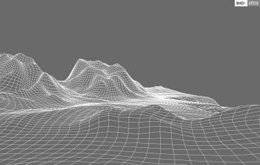 Beyaz arkaplandaki tel çerçeveli manzara. Soyut geometrik vektör teknolojisi arka planı. 3d vektör dijital arkaplan.