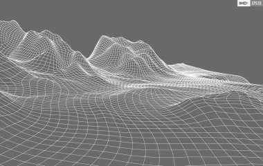 Beyaz arkaplandaki tel çerçeveli manzara. Soyut geometrik vektör teknolojisi arka planı. 3d vektör dijital arkaplan.