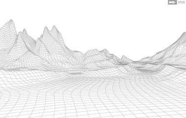 Beyaz arkaplandaki tel çerçeveli manzara. Soyut geometrik vektör teknolojisi arka planı. 3d vektör dijital arkaplan.