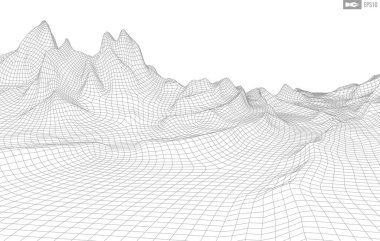 Beyaz arkaplandaki tel çerçeveli manzara. Soyut geometrik vektör teknolojisi arka planı. 3d vektör dijital arkaplan.