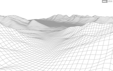 Beyaz arkaplandaki tel çerçeveli manzara. Soyut geometrik vektör teknolojisi arka planı. 3d vektör dijital arkaplan.