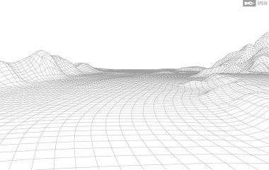 Beyaz arkaplandaki tel çerçeveli manzara. Soyut geometrik vektör teknolojisi arka planı. 3d vektör dijital arkaplan.