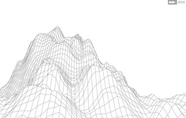 Beyaz arkaplandaki tel çerçeveli manzara. Soyut geometrik vektör teknolojisi arka planı. 3d vektör dijital arkaplan.