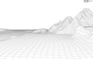Beyaz arkaplandaki tel çerçeveli manzara. Soyut geometrik vektör teknolojisi arka planı. 3d vektör dijital arkaplan.