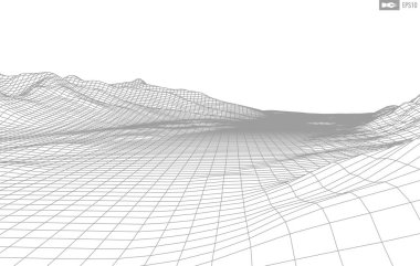 Beyaz arkaplandaki tel çerçeveli manzara. Soyut geometrik vektör teknolojisi arka planı. 3d vektör dijital arkaplan.