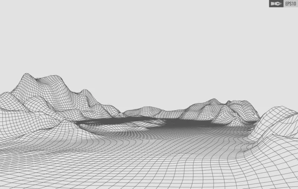 Wireframe paisagem no fundo branco. Antecedentes de tecnologia vetorial geométrica abstrata. 3d vetor fundo digital. —  Vetores de Stock