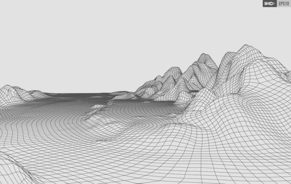 Wireframe landschap op witte achtergrond. Abstract geometrische vectortechnologie achtergrond. 3d vector digitale achtergrond. — Stockvector