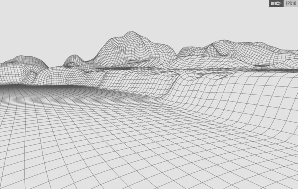 白い背景にワイヤーフレームの風景。抽象幾何ベクトル技術の背景。3Dベクトルデジタル背景. — ストックベクタ