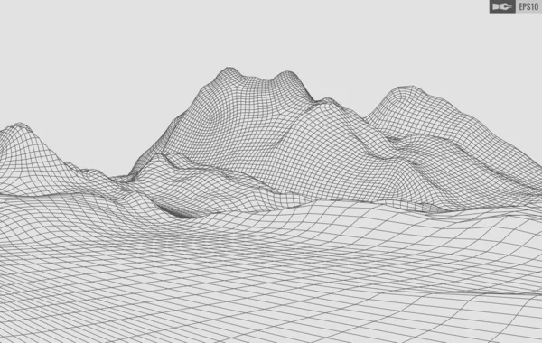 Wireframe τοπίο σε λευκό φόντο. Αφηρημένο γεωμετρικό διανυσματικό υπόβαθρο τεχνολογίας. 3D διανυσματικό ψηφιακό υπόβαθρο. — Διανυσματικό Αρχείο