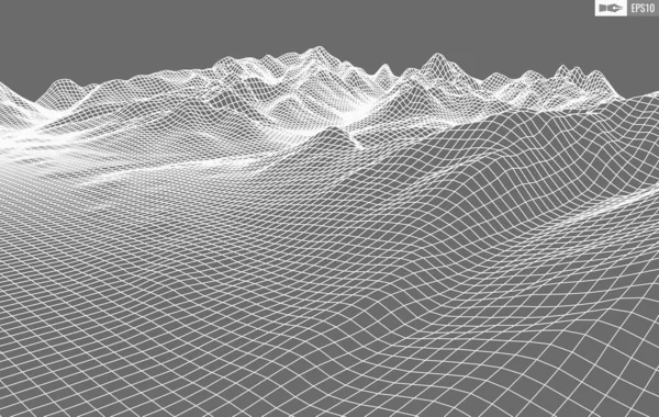 白い背景にワイヤーフレームの風景。抽象幾何ベクトル技術の背景。3Dベクトルデジタル背景. — ストックベクタ