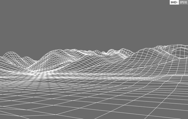 Drátěný rám krajina na bílém pozadí. Abstraktní geometrické vektorové pozadí technologie. 3D vektorové digitální pozadí. — Stockový vektor