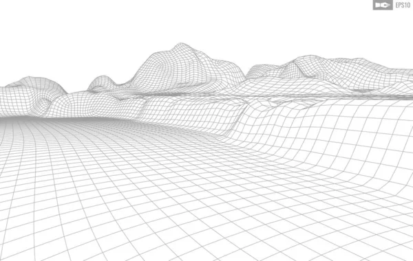 Beyaz arkaplandaki tel çerçeveli manzara. Soyut geometrik vektör teknolojisi arka planı. 3d vektör dijital arkaplan. — Stok Vektör