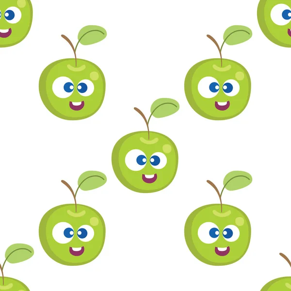 水果宝宝漫画无缝图案.有可爱脸型的苹果角色。儿童服装或玩具的食物背景 — 图库矢量图片