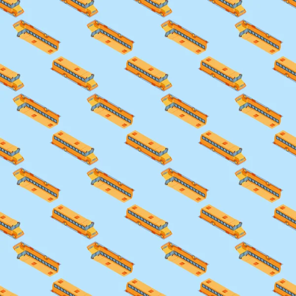Skolbuss sömlöst mönster på blå bakgrund. — Stock vektor
