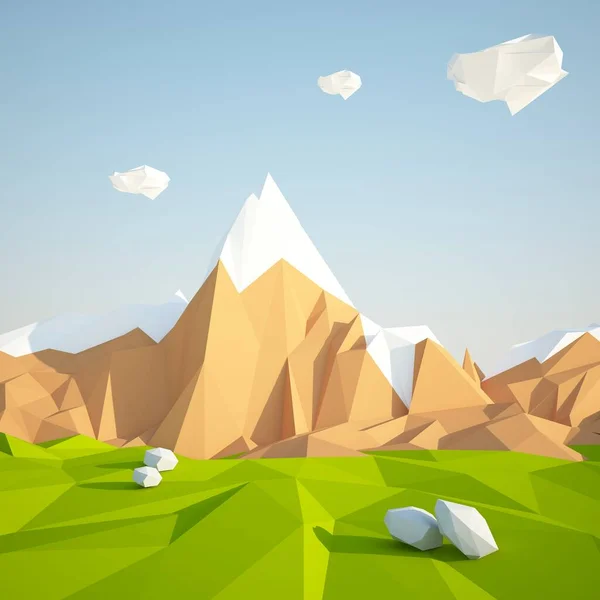 Abstract low poly background with green grass and white clouds flying in the air . Early morning sunny illustration with blue sky . — Stock Photo, Image