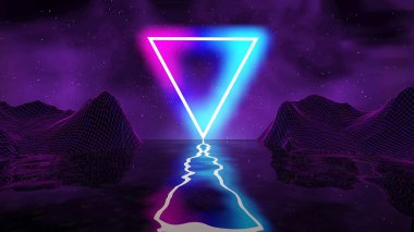 Oyun için geçmişe dönük fütüristik arka plan. Müzik 3D dans galaksisi posteri. 80 'lerin arka plan diskosu. Neon üçgen sentetik dalga dijital tel çerçeveli palmiyeler.