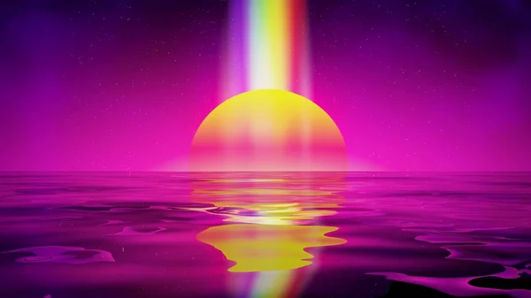 Retro landscape background sunset 3d landscape with rainbow light. Futuristic landscape 1980s style. Digital retro landscape cyber surface. 80s party background . Retro fashion Sci-Fi Background