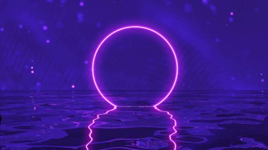 Soyut neon çember. Soyut oda bilim kurgu illüstrasyonu. Neon ışıltısı 80 'lerin arka planı.