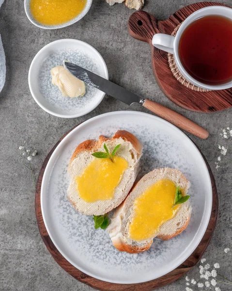 Quick Breakfast Bread Butter Lemon Cream Shot Concrete Table Vintage — Photo