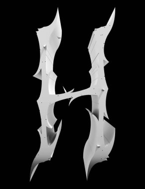 3D işlenmiş illüstrasyon. Dikenli neo gotik harf. Siyah arkaplanda tek renkli yazı tipi..