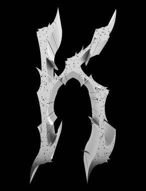 3D işlenmiş illüstrasyon. Dikenli neo gotik harf. Siyah arkaplanda tek renkli yazı tipi..