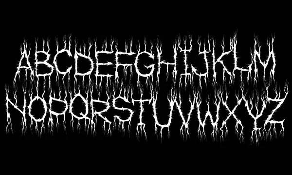 Metal müzik biçimi alfabesi. Siyah arkaplanda beyaz yazı dizisi.