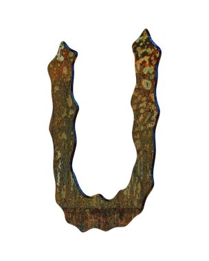 3 boyutlu illüstrasyon. Paslı ve oksitlenen metal harf beyaz arkaplanda izole edilmiş. Grunge yazı tipi illüstrasyonu.
